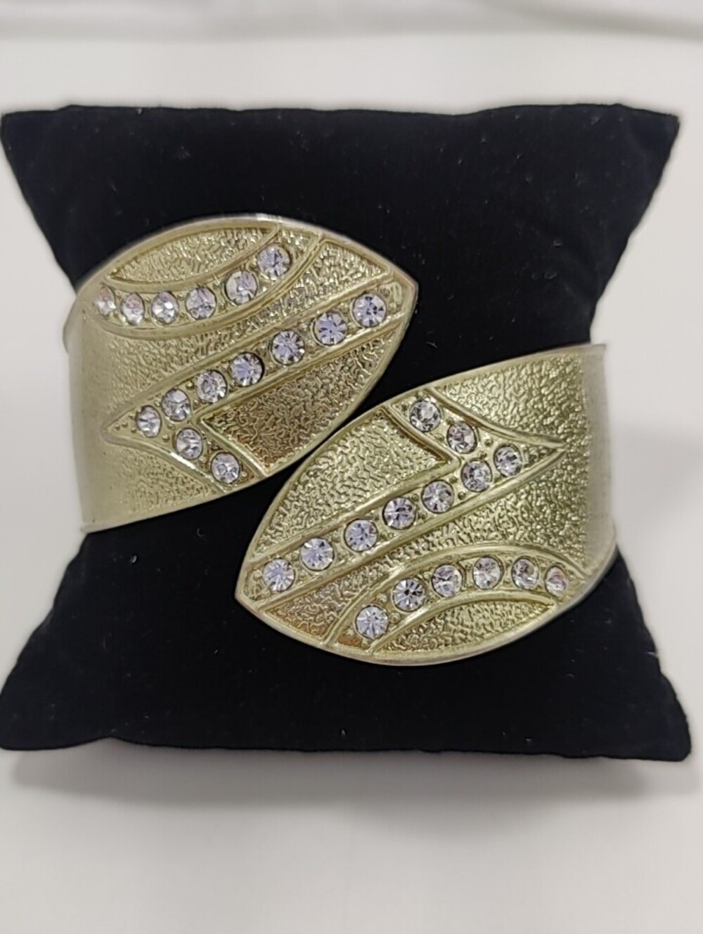 Champagne Gold Tone Rhinestone Hinged Cuff Statement Bracelet